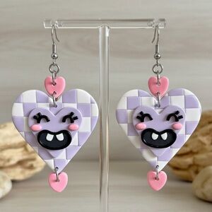 Smiley Face Checkerboard Heart Earrings - Handmade - Purple